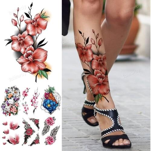 Original Design Flower Waterproof Temporary Tattoo Sticker Watercolor Leaf Tattoo for Women Fake Body Art Tatoo Leg Sleeve Arm