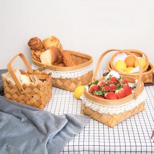 Handmade Woven Bread Fruit Basket Japanese Wood Chip Egg Sundries Box Garden Handle Camping Picnic Snacks Storage Bag Organizer