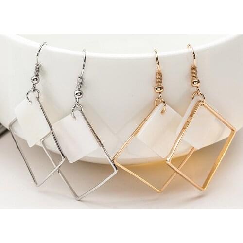 Hollow Square Hoop White Shell Stick Chain Pendant Geometric Golden Silver Plated Drop Earrings Dangle Earrings