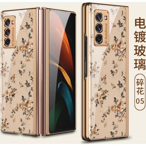 Luxury Tempered Glass Case For Samsung Z Fold 2 5G Vintage Floral All-inclusive Shockproof Shell Cover For Galaxy Z Fold 2 W21