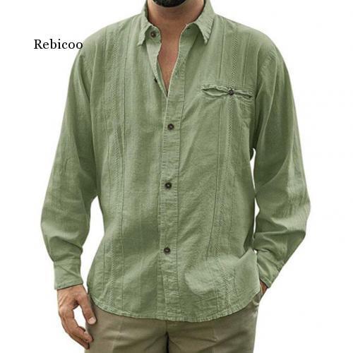 New Summer Men Casual Solid Color Long Sleeve Turn Down Collar Cotton Linen Shirt Top Breathable