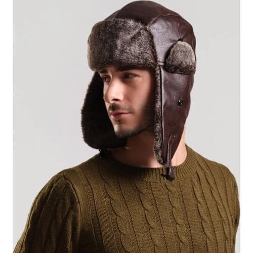Bomber Hat with Ear Flap Mens Winter Faux Leather Fur Russian Earflap Trapper Cap Aviator Fleece Beanie Male