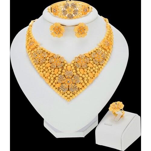 Dubai Wedding Ornament African Fashion Jewelry Sets Flower Necklace Bracelet Party Elegant Women Earrings Ring Crystal Jewelry