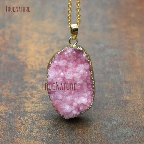 Fresh Pink Color Drusy Crystal Random Shape Stone Pendant Necklace Jewelry Gold Copper Single Chains In 18 inch NM11236