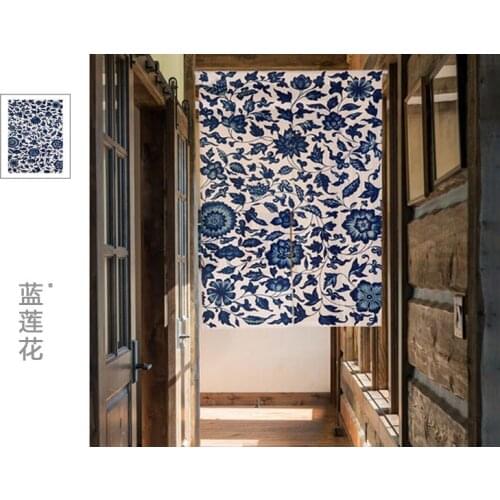 Printed cloth curtain country classical ethical wind partition lotus flower Chinese style porch hang Japanese kitchen decoration