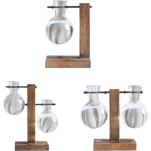 Vintage Desktop Glass Planter Bulb Vase with Solid Wooden Stand for Hydroponics Plants Home Garden Decor Office Cafe Ornament