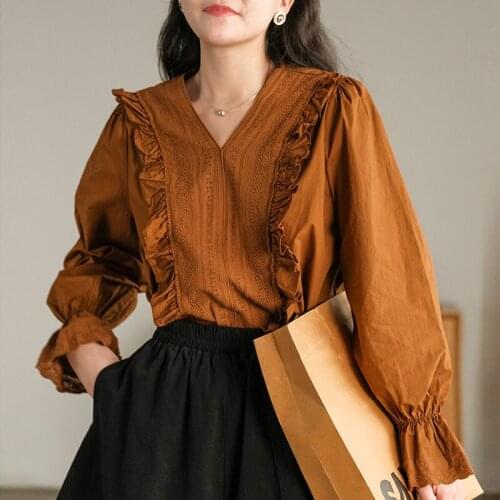 Johnature Vintage Ruffles Women Shirts V-neck Full Puff Sleeve 2021 Summer Blouses Lace Loose 3 Colors Solid Colors Casual Tops