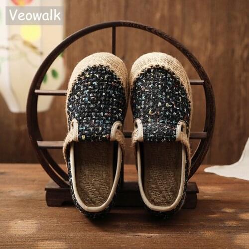 Veowalk Handmade Women Linen Cotton Patchwork Slip On Flat Loafers Vegan Ladies Comfortable Casual Walking Espadrilles Shoes