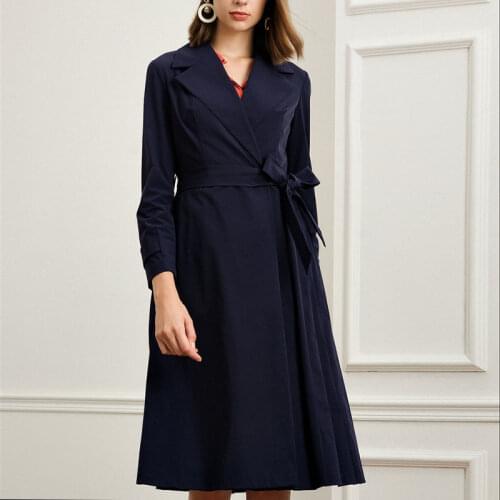 Women England Style Long Trench Coat with Belt 2021 Early Autumn Elegant Classic Navy Blue Female Outerwear Thin Windbreaker