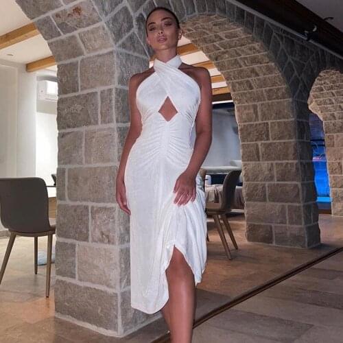 2021 Winter Sexy Midi Dress Women Backless Cross Pleated Halter Hollow Out Party Evening Vintage Y2K Autumn Dresses Woman