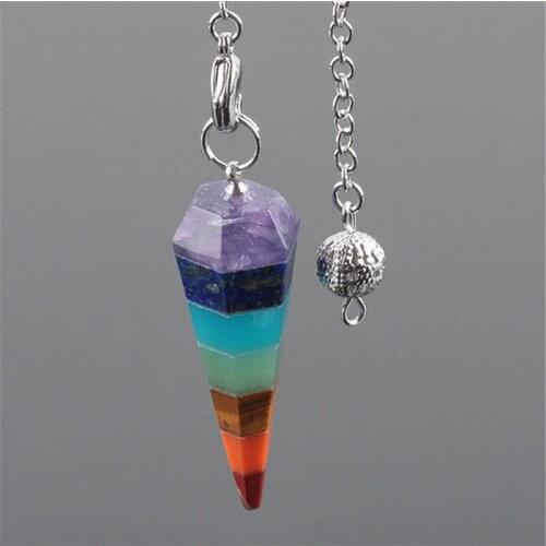1Pc Rainbow 7 Chakra Layered Healing Dowsing Reiki Gem Stone necklaces Charms Pendulum With Chain pendant necklace for women
