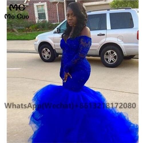 2021 Royer Blue African Off the Shoulder Prom Evening Dresses Long Tulle Black Womens Evening Party Gown Customized
