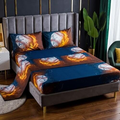 3/4pcs Queen King Size Dark Bed Sheet Set Covers Football Fire Print Flat Fitted Bed Sheets with Pillowcase Double Bedclothes
