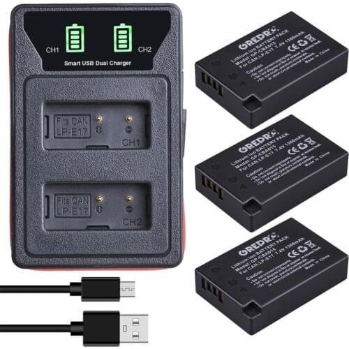 3Pcs 1300mAh LPE17 LP E17 LP-E17 Battery +LED Dual USB Charger with type-c for Canon EOS 200D M3 M6 750D 760D T6i T6s 800D 8000D