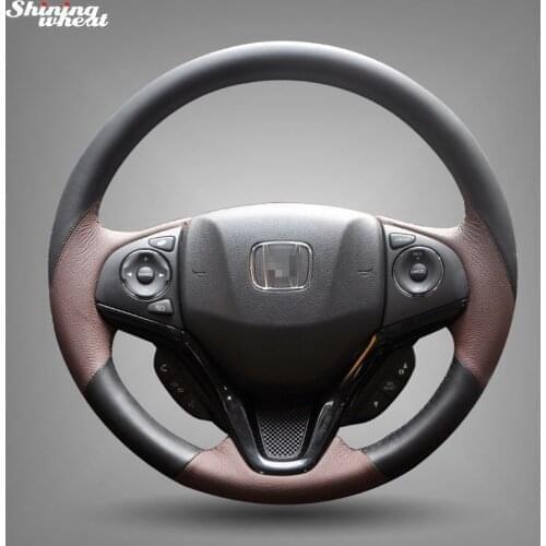 BANNIS Hand-stitched Black Brown Leather Steering Wheel Cover for Honda New Fit City Jazz 2014-2015