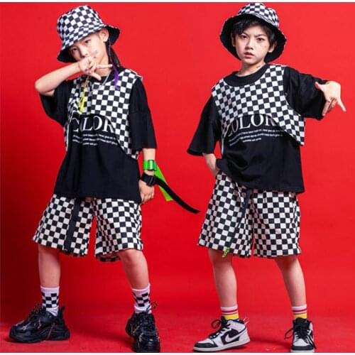 Kids Carnival Show Outfits Checkered Sleeveless Top Vest Streetwear Shorts T Shirt Girl Boy Hip Hop Dance Costume Clothes Set