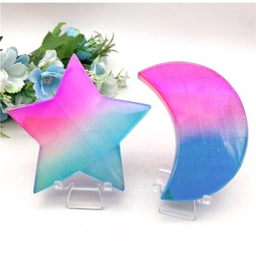 Electroplated Blue and Pink Titanium Aura White Selenite Crystal Stars Moons Shaped Healing Crystal Stones Decoration Crafts