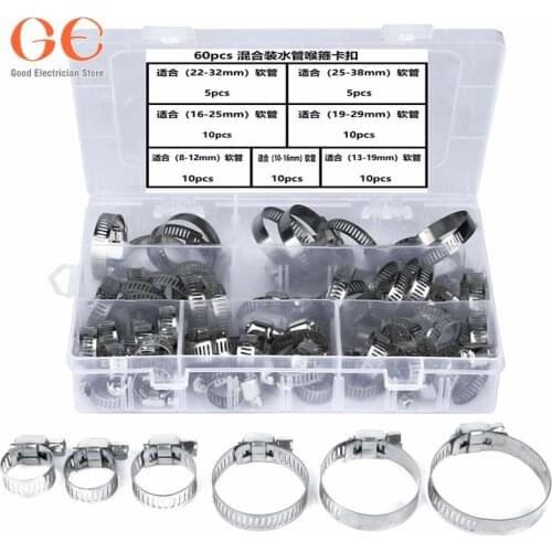 60pcs / Box Mixed Packing Hose Collar Clip 304 Stainless Steel Clamp 8-38mm Series Assembled hose clamp clamp spring clamp