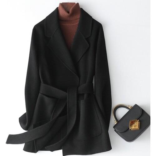2020 Autumn Winter Coat Turn Down Collar Women Woolen Jacket Korean Belt Pocket Cashmere Outerwear Female Casaco Feminino