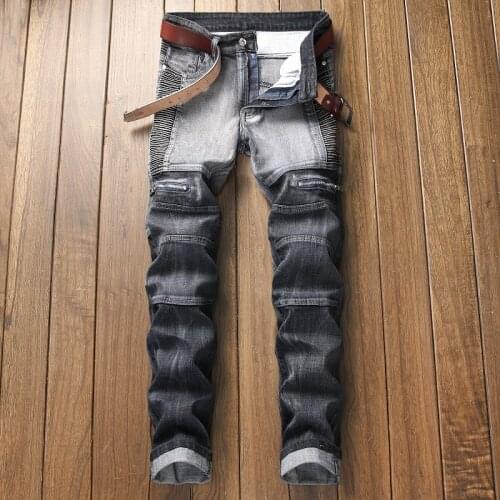 2021 Men personality wrinkle slim stretch jeans men brand high-quality denim Men street fashion brand motorcycle