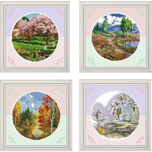 Joy Sunday four seasons landscape DIY count cross stitch kit 14ct 11ct canvas print needlework embroidery set home decoration