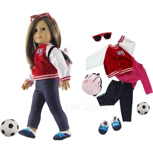 7 PCS Set Doll Clothes Outfit Leather coat+top+pants+bag+shoes+football for 18" American Doll Many Style for Choice