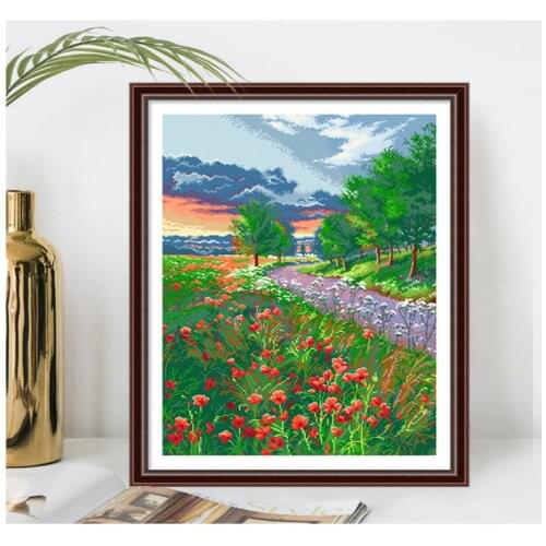 Embroidery kits cross stitch Rural style landscape painting of blooming flowers on the side of the country road in the morning