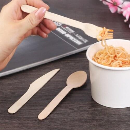 Disposable Wooden Soup Scoop Food Grade Dinnerware Main Fork Mini Food Knife Cake Dessert Tableware Take Out Tool Flatware 100pc
