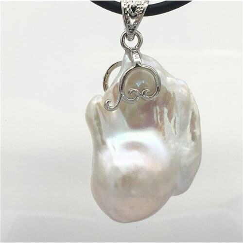 Natural white Irregular Baroque Pearl Pendant Leather Cord Necklace Tibetan silver clasp 001