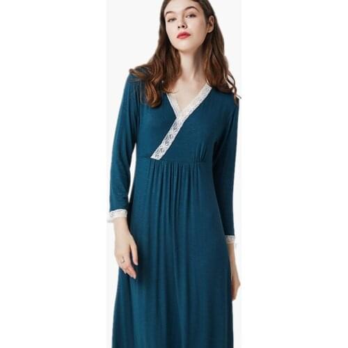 European Style Sexy V Neck Nightdress Lace Spring Summer Sleepwear Women Large Size Nightgowns Modal Soft Nightwear Nightshirt