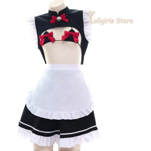 Lolita Cute Bowknot Maid Outfit Bells Homewear Pajamas Women Hollow Out Sexy Apron Ruffle Sweet Private Room Nightdress Cosplay
