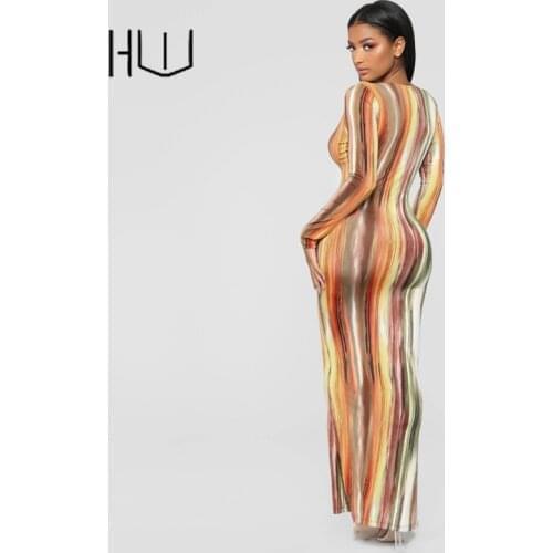 Stripe Tie Dye Print Sexy Maxi Dress Long Sleeve Deep U Neck Bodycon Multi-color Tight Elegant Dresses Party Club Streetwear