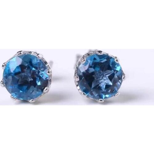 Natural blue topaz stone earrings 925 silver Natural gemstone earring women fashion round fine earrings jewelry for party