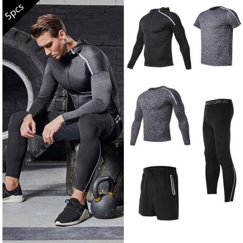 Vansydical Mens Gym Workout Set Tracksuit 5pcs Mens Fitness Running Shorts Compression Tights Sportswear Reflective Sports Suit