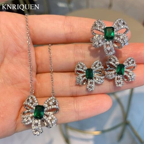 Charms 925 Sterling Silver Emerald Lab Diamond Pendant Necklace Ring Earrings for Women Bowknot Wedding Party Jewelry Sets Gift