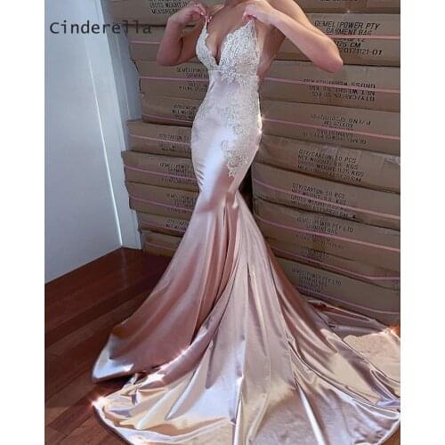 Cinderella Backless V-Neck Spaghetti Straps Evening Dresses Lace Applique Crystal Beaded Mermaid Silk Satin Cocktail Party Dress