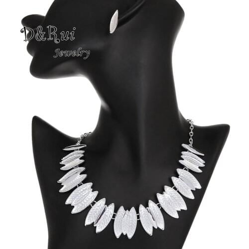 African Costume Leaf Jewelry Sets Jewellery Silver Color Necklaces Choker Necklace and Earrings Set Accessories for Girls Women