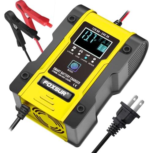 FOXSUR 12V 24V Car Battery Charger, 6A 12.6V Lithium Battery Charger & Maintainer, 7-Stage Car & Motorcycle Battery Charger