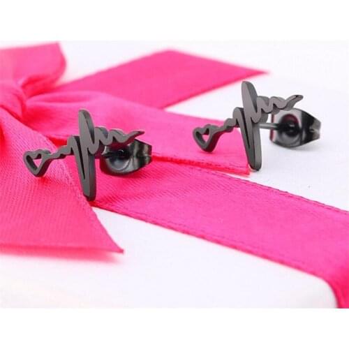 Women Stainless Steel Black Stud Earrings Fashion Christmas Gifts Female Jewelry Stud Earrings Heart Wave Shape Ear Earring