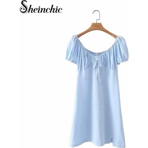 Women Summer Blue Puff Sleeve Mini Dresses 2021 Elegant Casual Vinage Dress