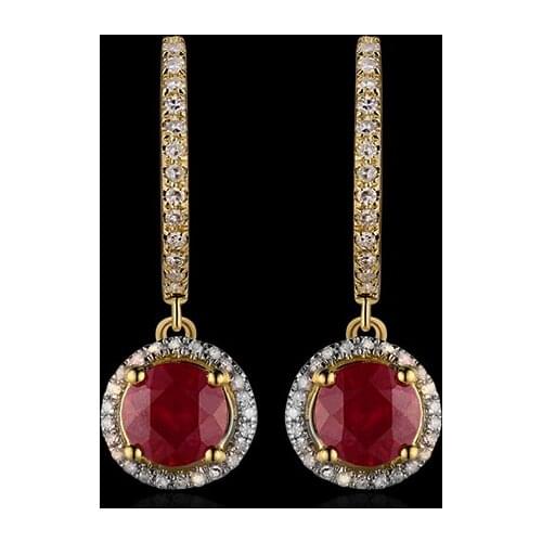 LOVERJEWELRY 4.26Ct Solid 14Kt Yellow Gold Diamond Red Ruby Earrings For Womens Wedding Jewelry Ruby Drop Earrings E0003AB