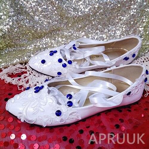 White lace royal blue diamond rhinestones woman wedding flats shoes bride plus size 41 42 lace ankle satin riband party shoe