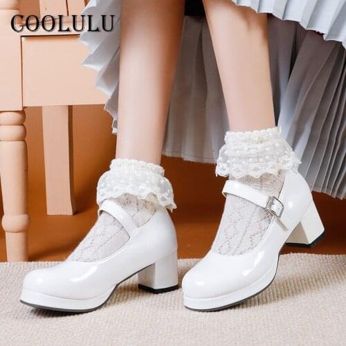 COOLULU Women Shoes Pltaform High Heels Round Toe Chunky Heel Dress Pumps Buckle Strap Ladies Footwear 2021 Spring White Size 48