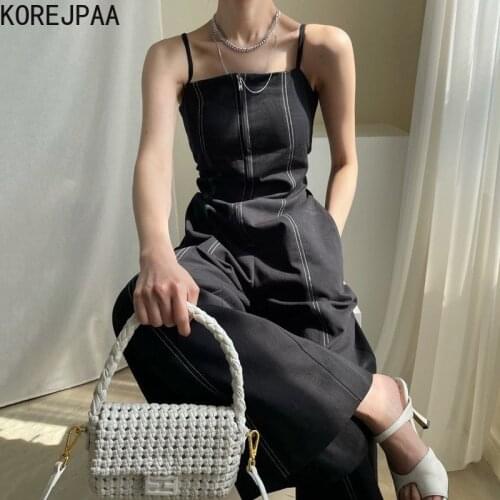 Korejpaa Women Jumpsuits 2021 Summer Korea Chic Retro Zipper Design Open-Stitched Double-Pocket Wide-Leg Straight Sling Jumpsuit