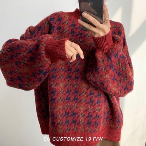 Houndstooth Plaid Autumn Sweater Women O-Neck Long Sleeve Vintage Jumpers Loose Oversized Knitted Pullovers Streetwear M005