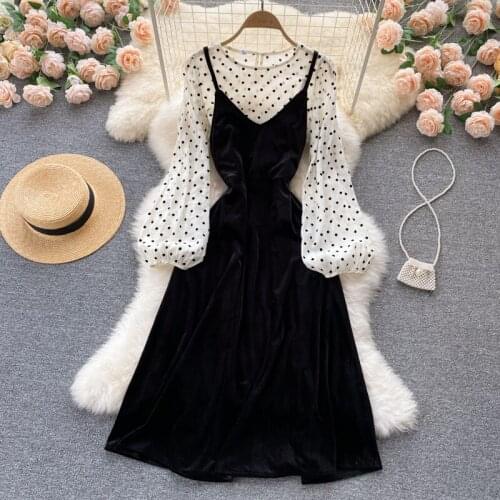 2021Autumn Women Two Piece Set Vintage Beige Polka Dot Blouse + Sexy V-Neck Spaghetti Strap Velvet Midi Dress Casual Sweet Suit