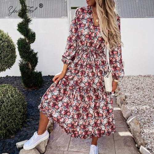 Boho V Neck Floral Print Long Dress Women Autumn 2021 Casual Long Sleeve Ruffles Lace Up Dress Female Party A-line Dress Fashion