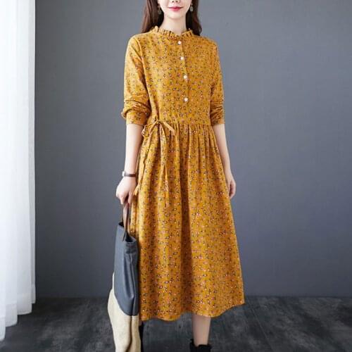 Women Vintage Print Long Dress New Arrival 2020 Autumn Arts Style Stand Collar Elegant A-line Female Cotton Linen Dresses S2382