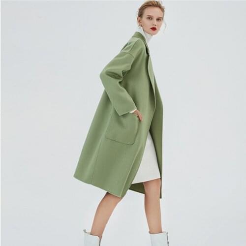 Autumn and winter 2019 new style woolen overcoat fruit green easy matching slim women coats water ripple double-sided clothes