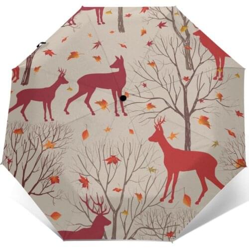 Wind Resistant Fully-Automatic Umbrella Fall Leaves And Trees With Deers Rain 3 Folding Parasol Travel Car Umbrella